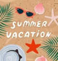 Summer vacation banner with hand lettering on a sandy beach background with tropical plants, starfish, seashells, hat, sunglasses. Royalty Free Stock Photo